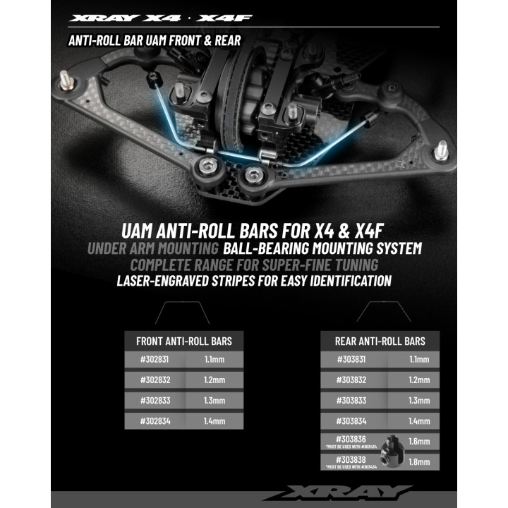 303838 Xray X4 Anti-Roll Bar Uam - Under Arm Mount - Rear 1.8mm