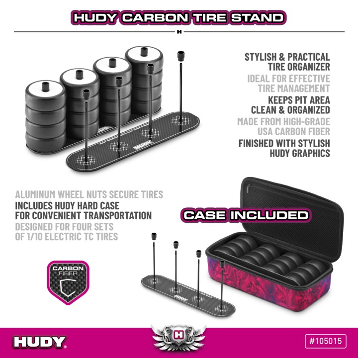 105015 Hudy Carbon Tire Stand 4X + Hard Case - 1/10 Tc