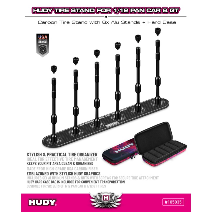 105035 Hudy Carbon Tire Stand 6X + Hard Case - 1/12