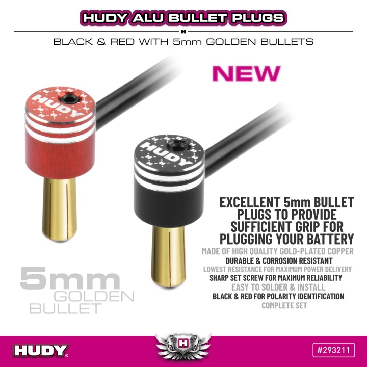 293211 Hudy Alu Bullet Plug Black & Red With 5mm Golden - Set