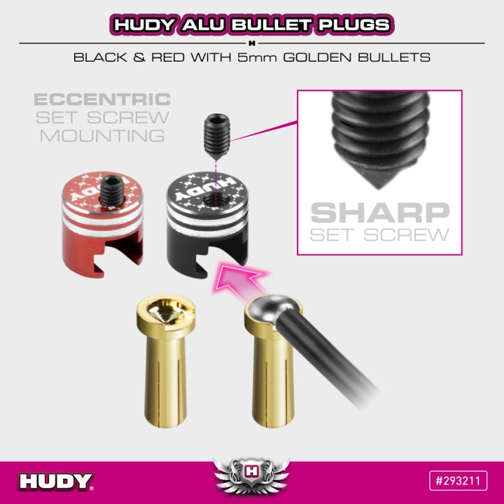 293211 Hudy Alu Bullet Plug Black & Red With 5mm Golden - Set