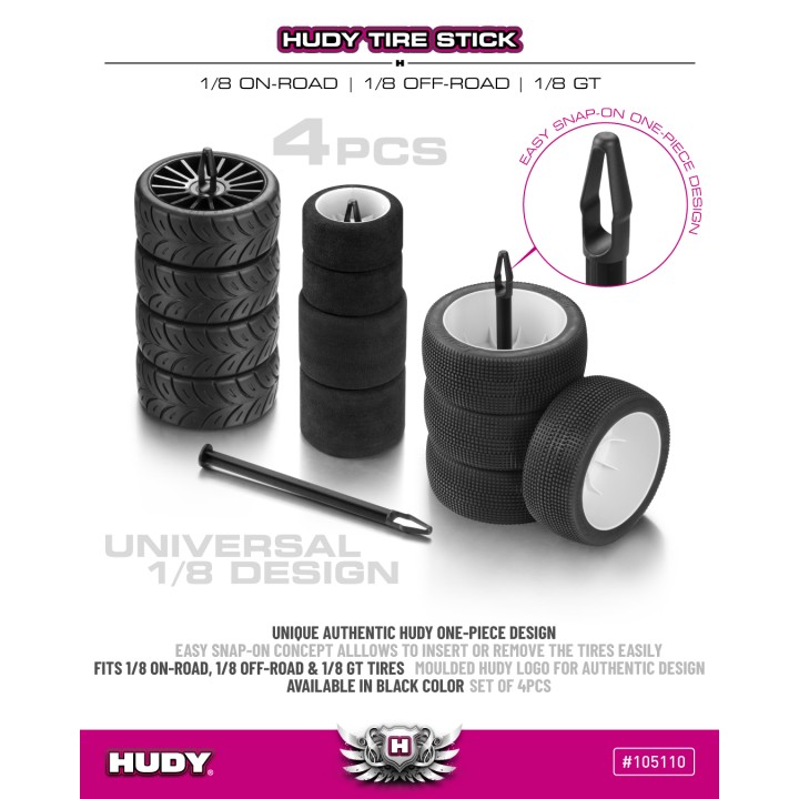 105110 Hudy Tire Stick 1/8 On-Road 1/8 Off-Road & 1/8 Gt (4)