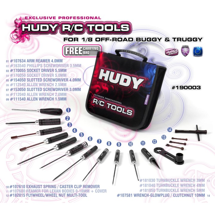 190003 Hudy Set Of Tools + Carrying Bag - For 1/8 Off-Road Cars