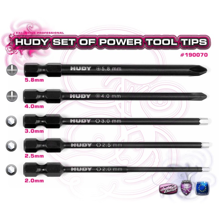 190070 Hudy Power Tool Tips 2.0, 2.5, 3.00mm + 4.0, 5.8 Phillips