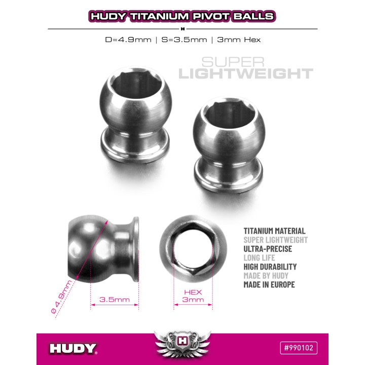 990102 Hudy Titan Pivot Ball D=4.9 / S=3.5 / 3mm Hex (2)