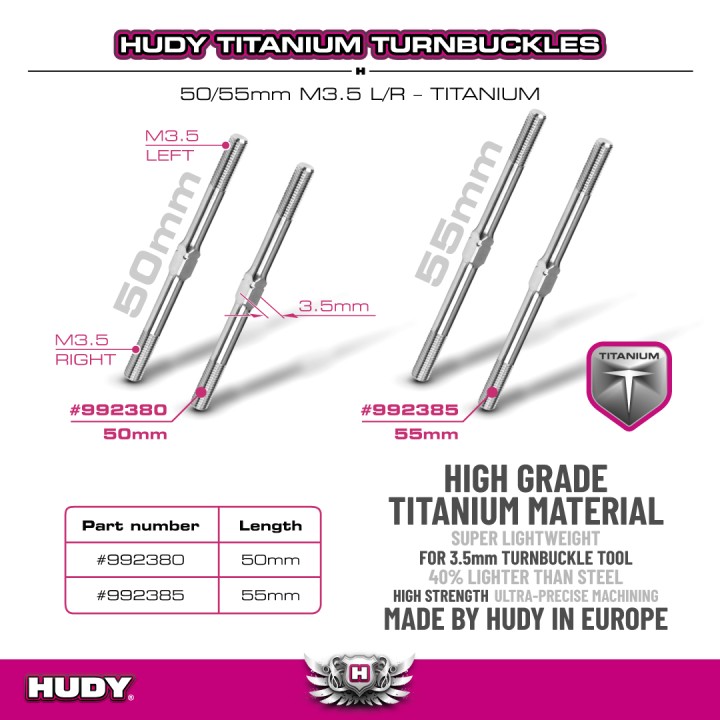 992385 Hudy Titanium Adjustable Turnbuckle 55mm M3.5 L/R (2)